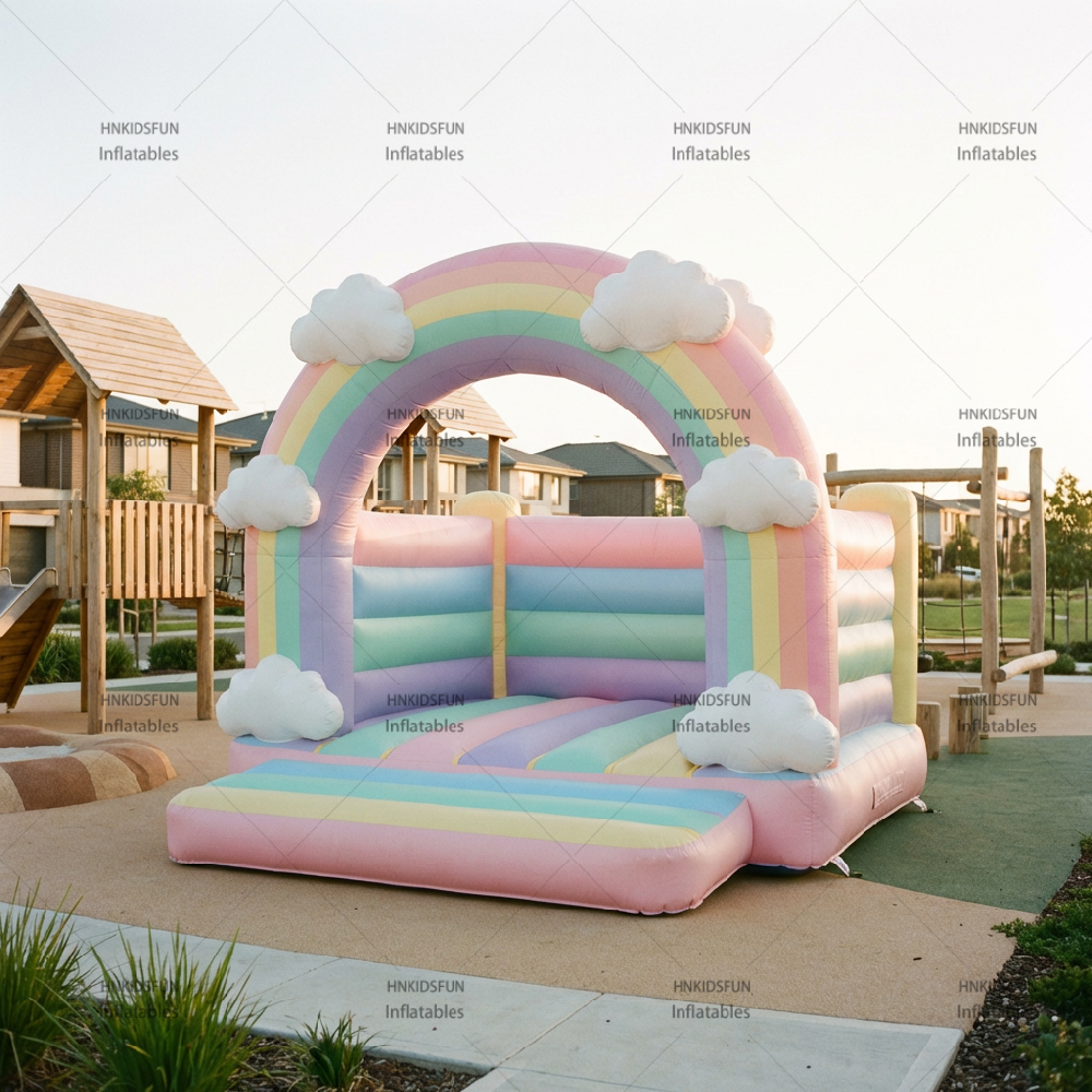 Pastel Rainbow pink Bounce House Inflatable Toddler Bouncy Castle White Mini Bouncer Castle for Kids