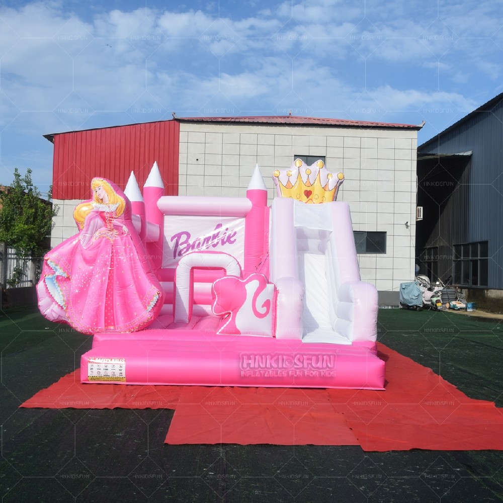 KFC202 Commercial Inflatable Bouncy Castle Pink Barbie Jumping House With Slide, Kids Inflatable Bounce Combo For Birthday Event
