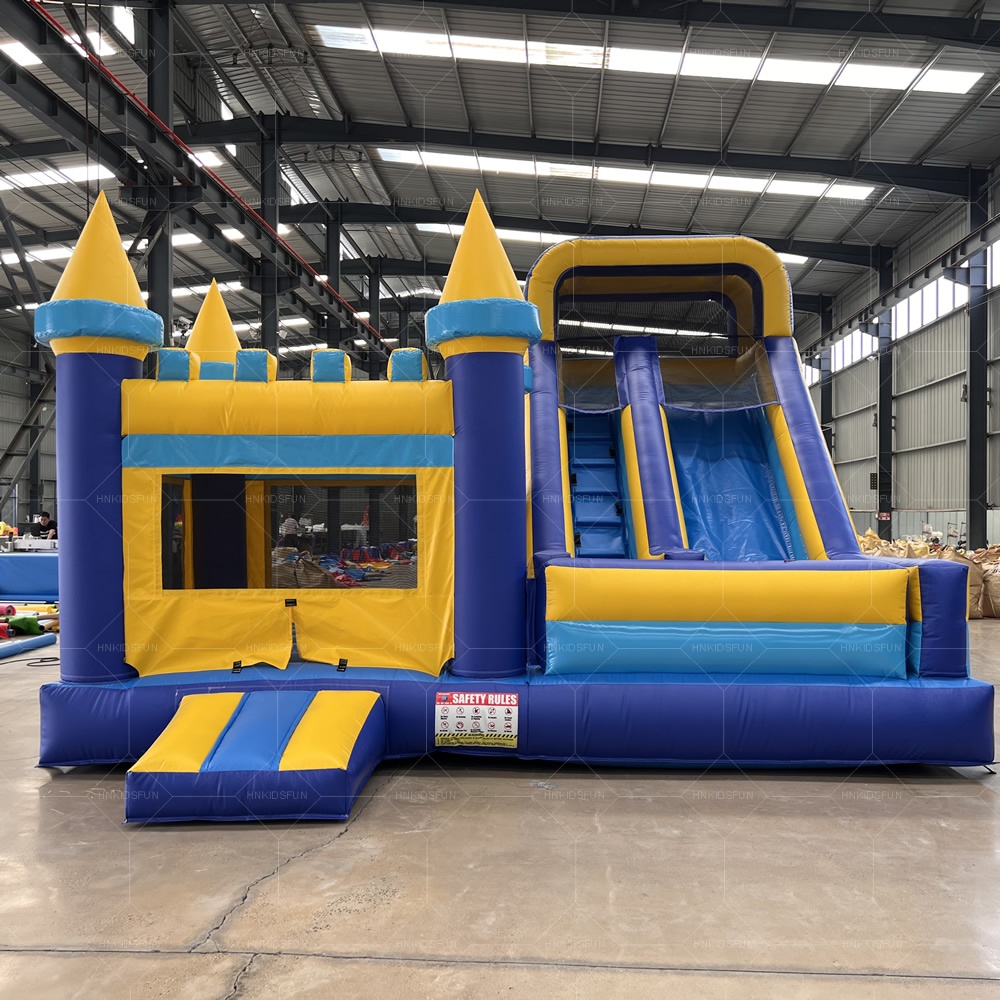KFC206 Commercial Inflatable Bouncy Castle, Blue Yellow Castle Jumping House With Dual Lane Dry Slide For Outdoor Events