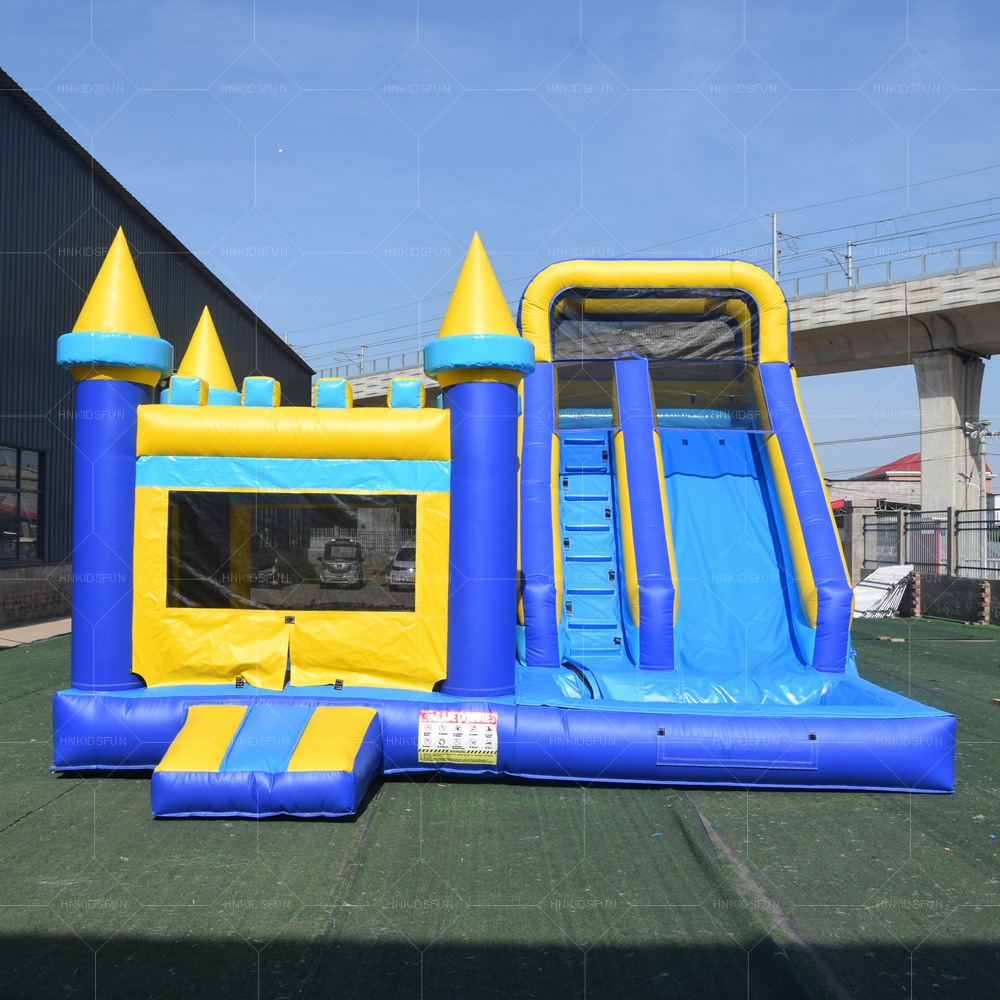 KFC209 Blue Yellow Castle Inflatable Bounce House Combo With Wet Slide, Commercial PVC Bouncy Castle With Pool For Kids Summer Party Rental