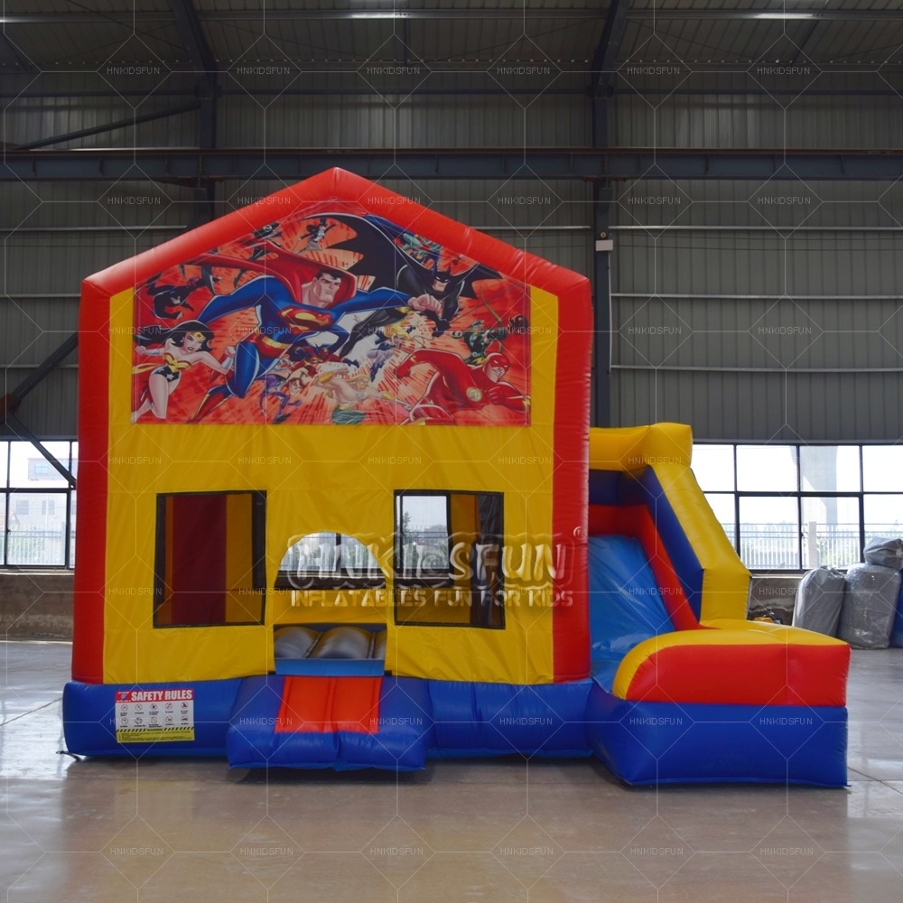 KFC211 Commercial PVC Superhero Inflatable Bounce House Combo, Kids Jumping Castle with Dry Slide for Party Rental Backyard