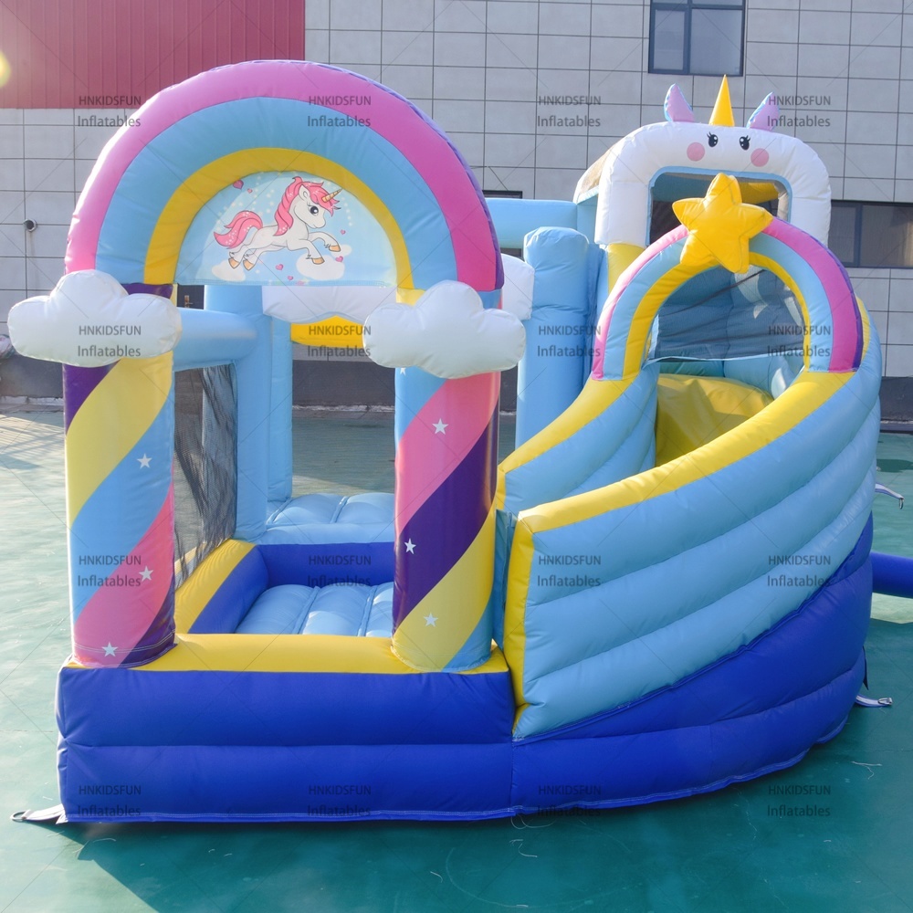 KFC222 Macaron Rainbow Unicorn Inflatable Bounce House With Dry Slide, Commercial PVC Kids Jumping Bouncy Castle for Party Rental
