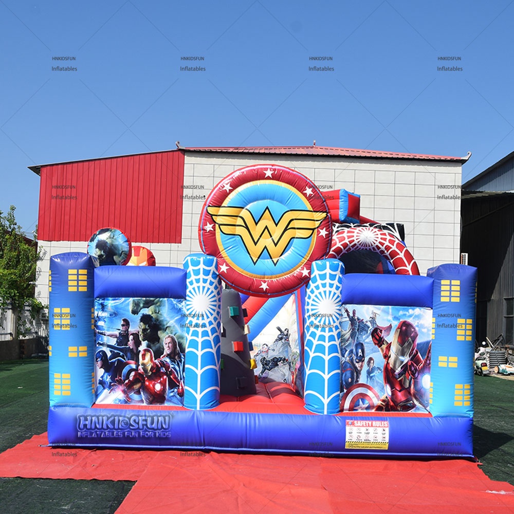KFC225 Outdoor Commercial Inflatable Avengers Bounce House With Dry Slide, Super Hero Themed Inflatable Jumping Castle For Kids Birthday Party