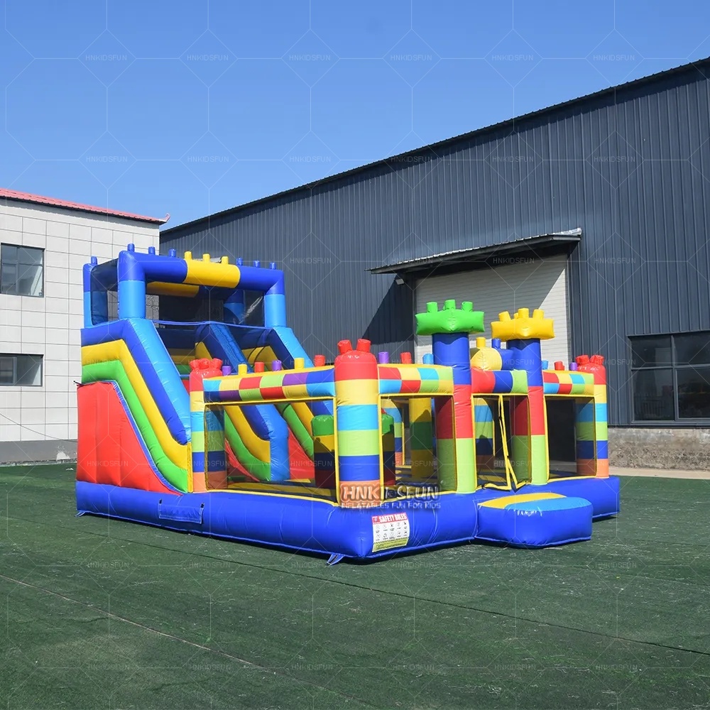 KFC228 Outdoor Commercial Inflatable Rainbow Building Block Castle Bounce House With Dry Slide, Colorful Inflatable Jumping Castle For Kids Birthday Party
