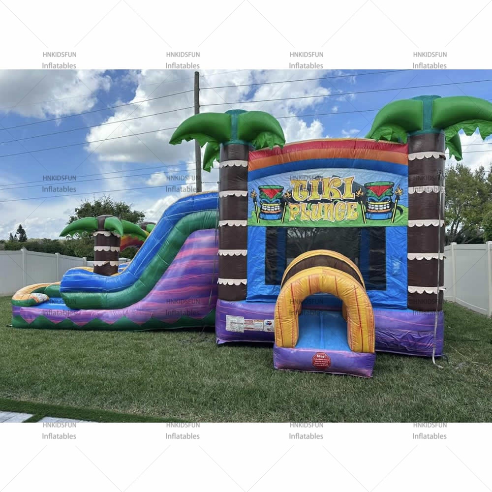 KFC231 Commercial Grade PVC Inflatable Hawaiian Surf Water Slide With Splash Pool, Tropical Beach Themed Inflatable Wet Bounce House For Event Rental