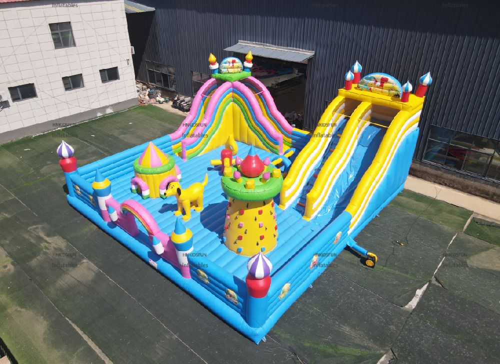 KFC234 Outdoor Commercial 12m x12m Giant Inflatable Fun Park, Multi Dry Slides Rainbow Castle Inflatable Playground With Climbing Wall For Amusement & Kids Party Rental