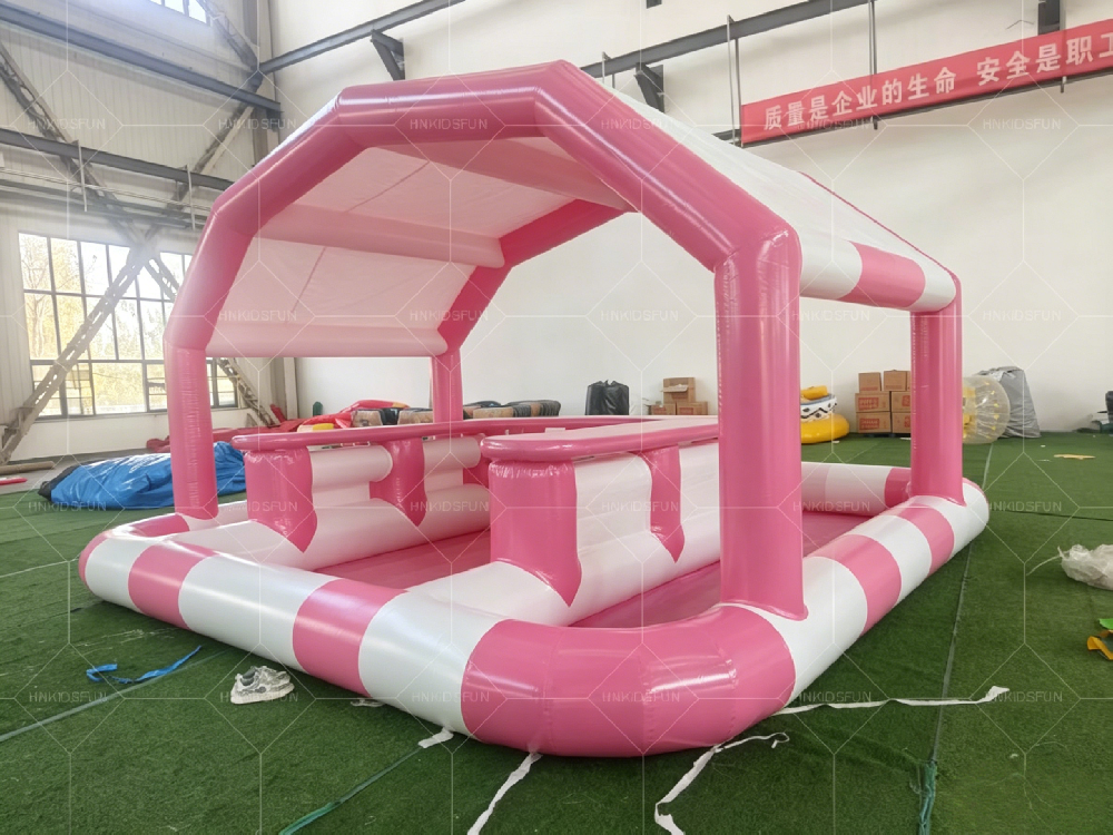 KFW002 Pink White Striped Inflatable Pool Bar With Roof, Commercial PVC Inflatable Floating Bar With Canopy For Backyard Beach Summer Party