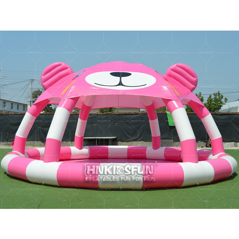 KFW004 Pink Bear Themed Inflatable Splash Pool With Canopy, Commercial PVC Round Inflatable Water Pool For Kids Outdoor Summer Water Park