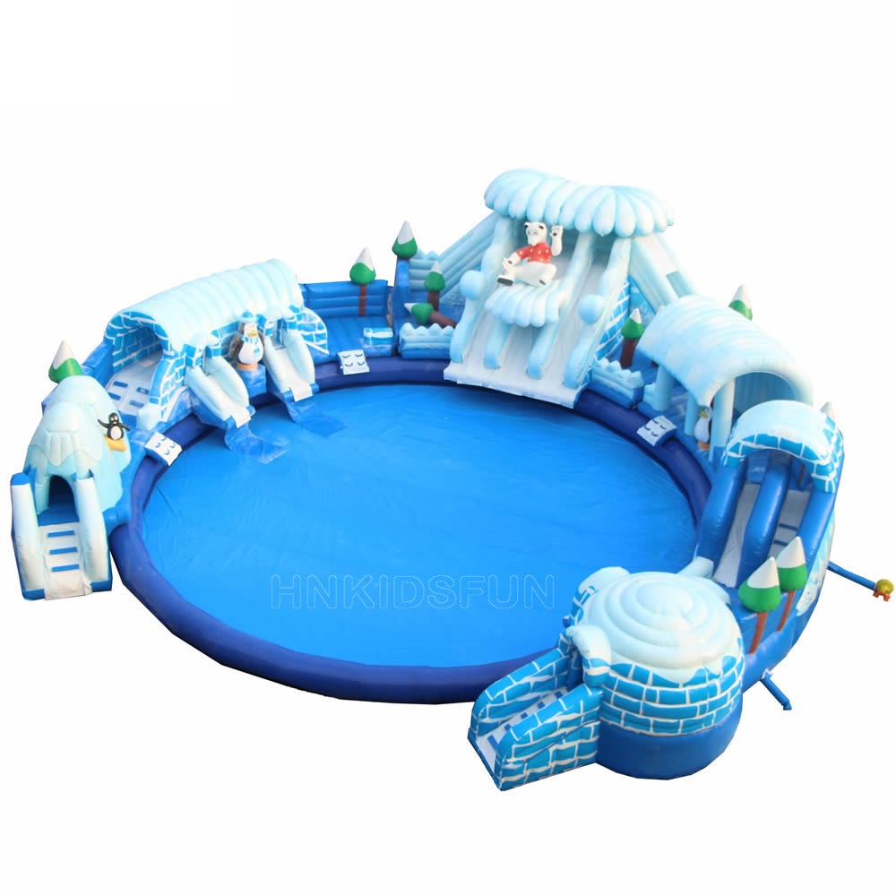 KFW007 Ice Theme Inflatable Water Park, Commercial PVC Polar Bear Penguin Inflatable Water Park With Slides For Kids Outdoor Water Playground