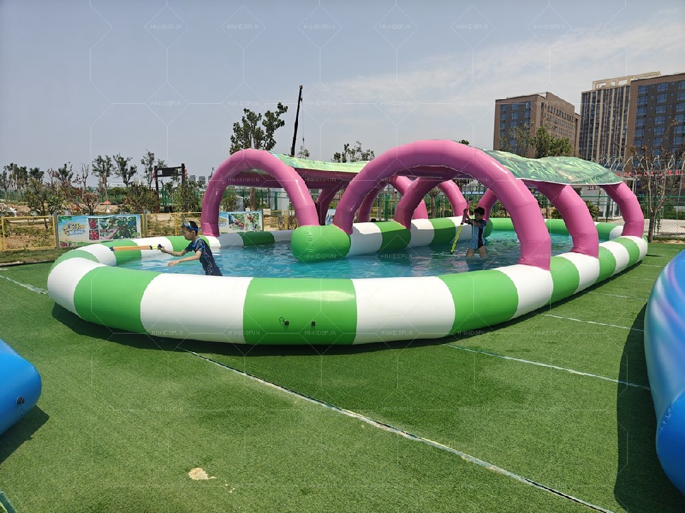 KFW008 Green White Striped Inflatable Water Pool With Pink Arch Canopy, Commercial PVC Long Inflatable Swimming Pool For Kids Water Battle & Outdoor Water Park