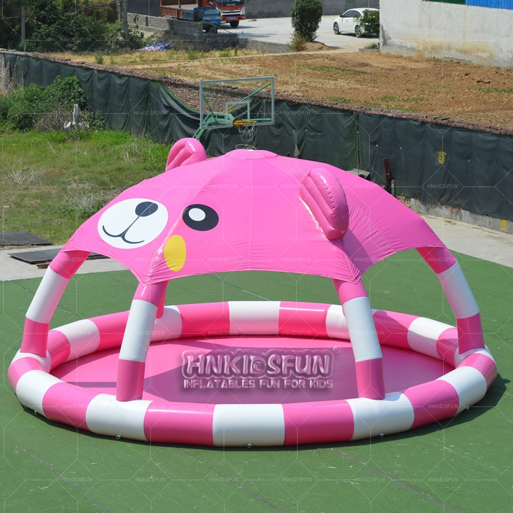 Outdoor Playground Water Kids Lovely Pink Bear Inflatable Pool With Tent Circular Inflatable Swimming Pool Cover Tent