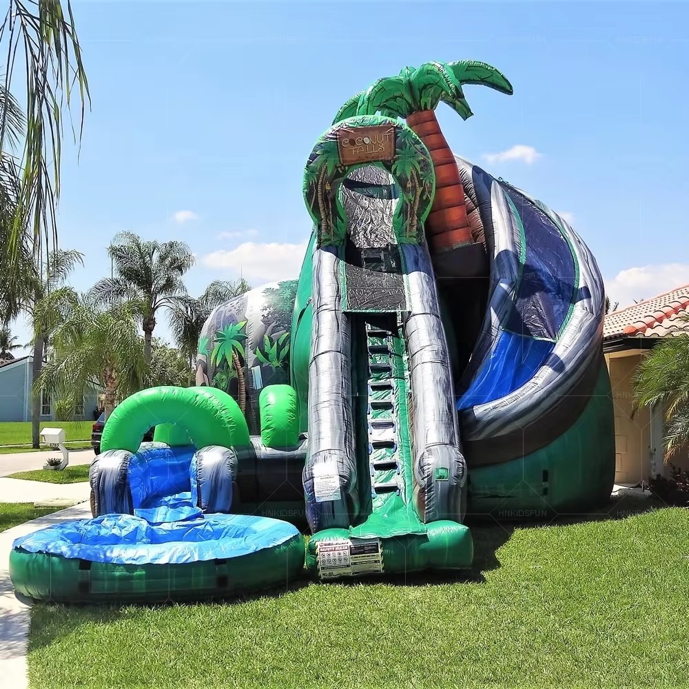 KFS060-Giant Adults Kids Curved Waterslide Tobogan Inflable Palm Tree Tropical Cyclone Coconut Falls Inflatable Water Slide with Pool
