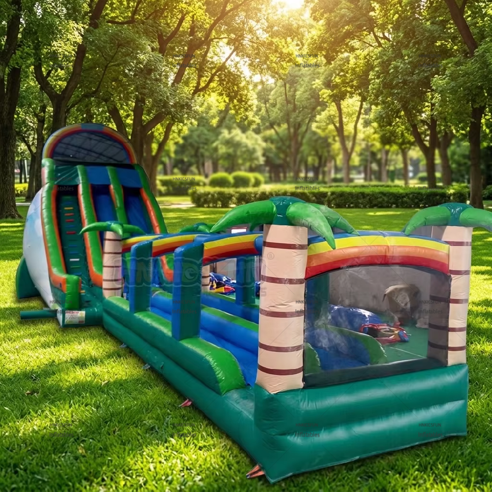 KFS069-Outdoor Huge Size Rain Forest Palm Tree Arch Themed Long Water Slip Jumping Castle Inflatable Water Slide With Pool